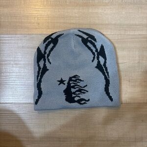 Gray and Black Graphic Knit Beanie Hat